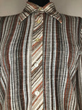 womens  vintage  top  Orange  multi  dagger collar  brown stripes  blouse  70s  1970s