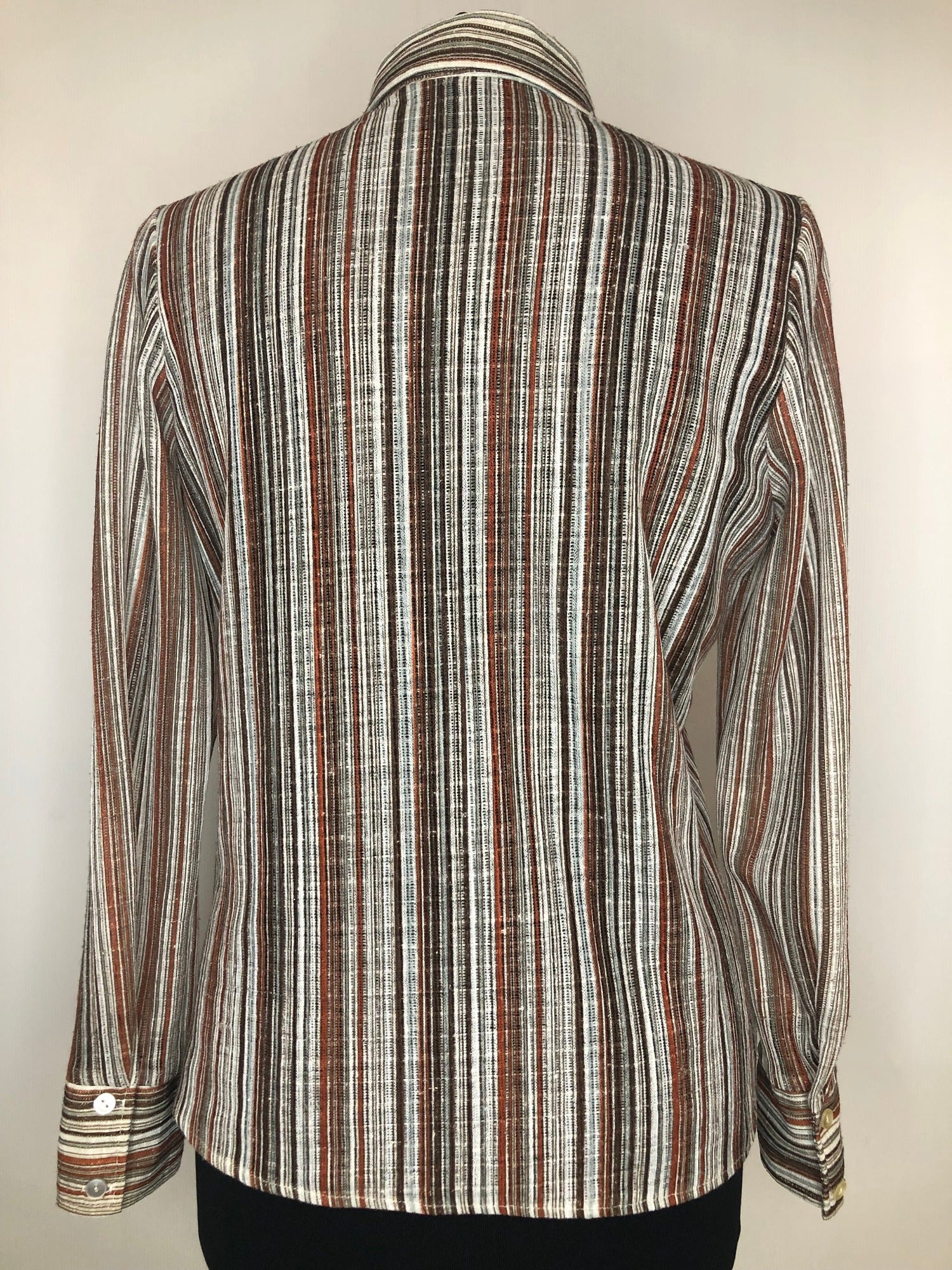 womens  vintage  top  Orange  multi  dagger collar  brown stripes  blouse  70s  1970s