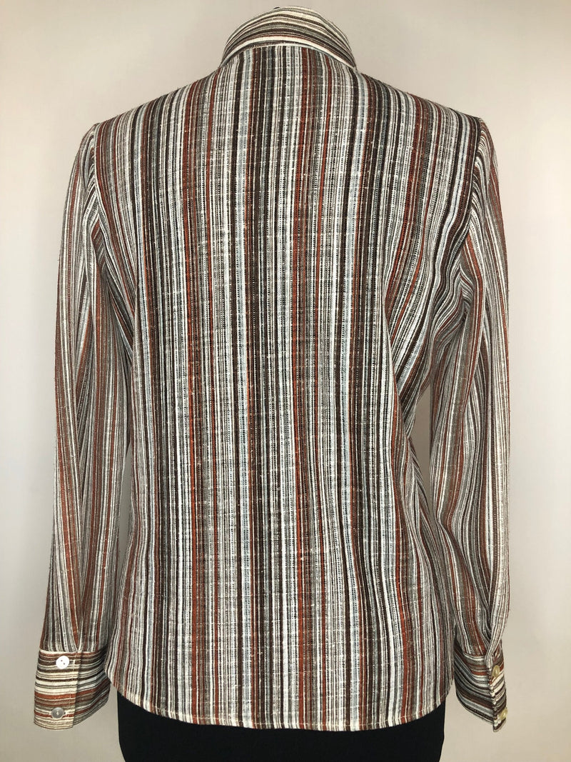 womens  vintage  top  Orange  multi  dagger collar  brown stripes  blouse  70s  1970s