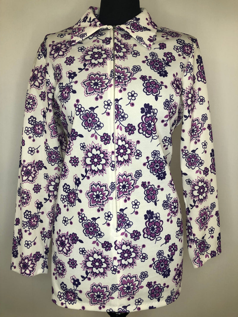 zip front  womens shirt  womens  white  vintage  Urban Village Vintage  urban village  Shirt  purple  long sleeve  floral print  dagger collar  dagger  collar  blouse  60s  1960s  12