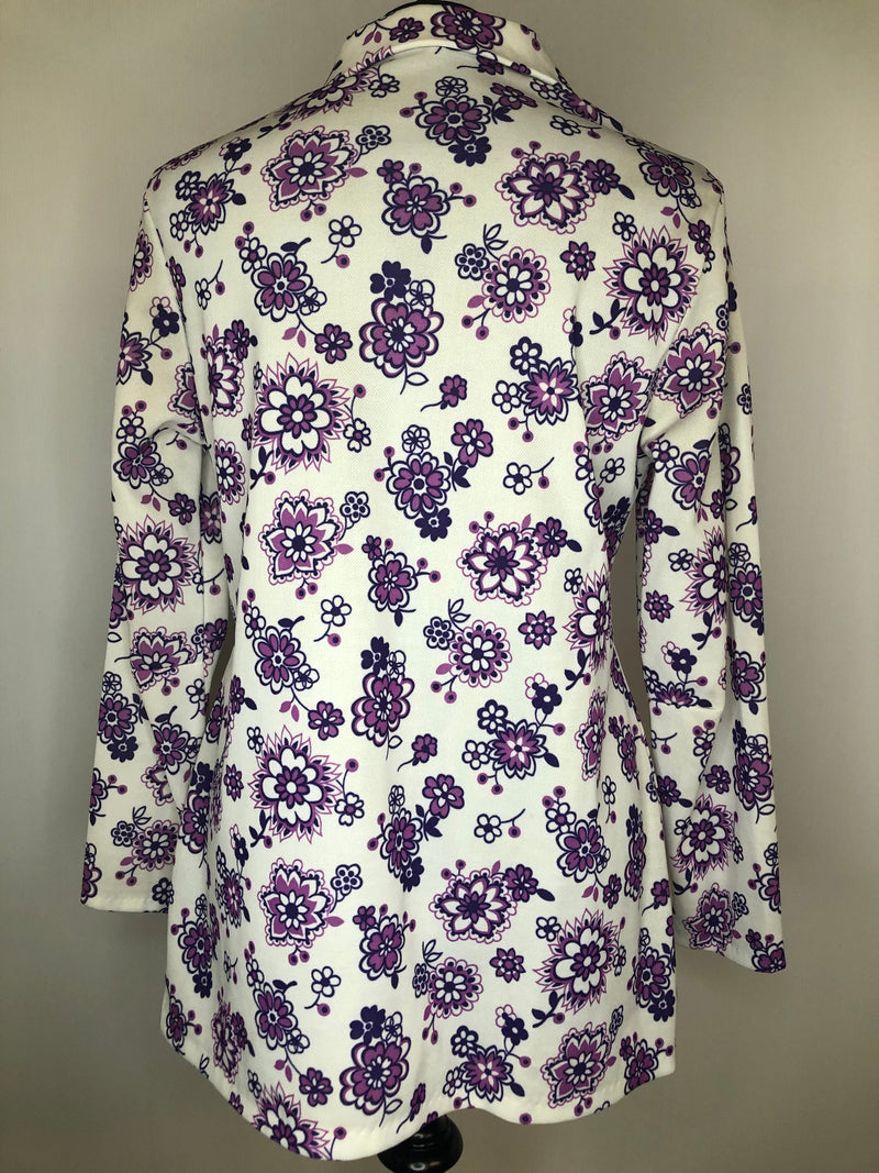 zip front  womens shirt  womens  white  vintage  Urban Village Vintage  urban village  Shirt  purple  long sleeve  floral print  dagger collar  dagger  collar  blouse  60s  1960s  12