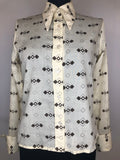 12  womens  vintage  top  diamond print  dagger collar  cream  brown  blouse  70s  1970s