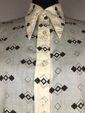 12  womens  vintage  top  diamond print  dagger collar  cream  brown  blouse  70s  1970s