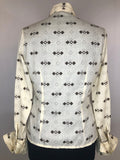 12  womens  vintage  top  diamond print  dagger collar  cream  brown  blouse  70s  1970s