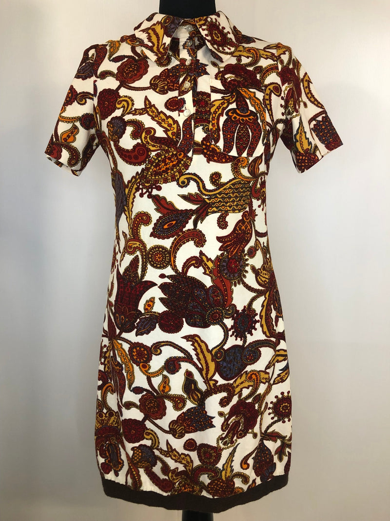 womens  white  vintage  short sleeved  retro  red  pussy bow  print dress  orange  multi  MOD  ethnic print  dress  blue  60s  1960s  10