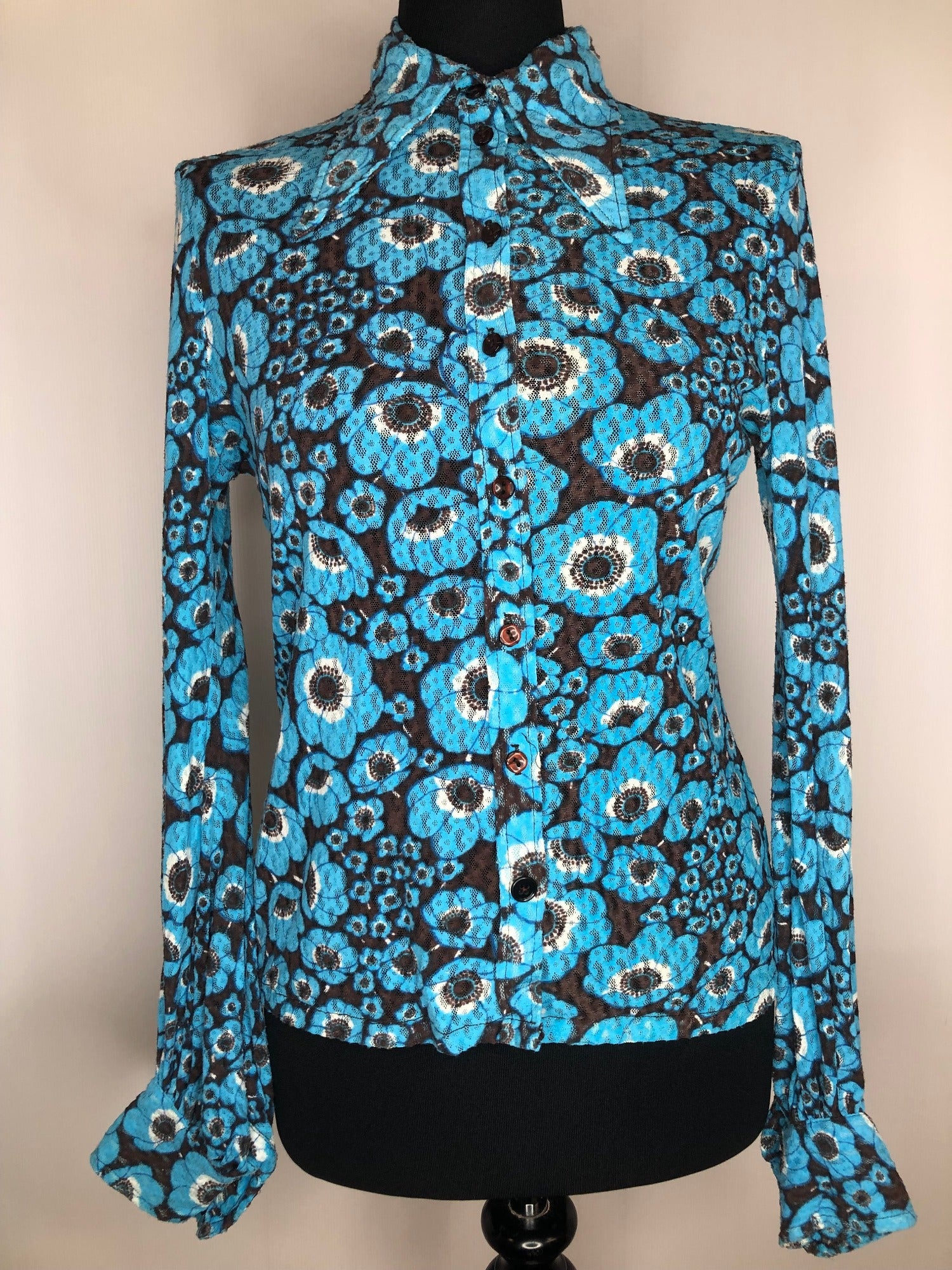 womens  vintage  Urban Village Vintage  urban village  summer blouse  shirt  long sleeve  lace  floral  dagger collar  collar  button front  button  blue  blouse  black  big collar  70s  1970s  12