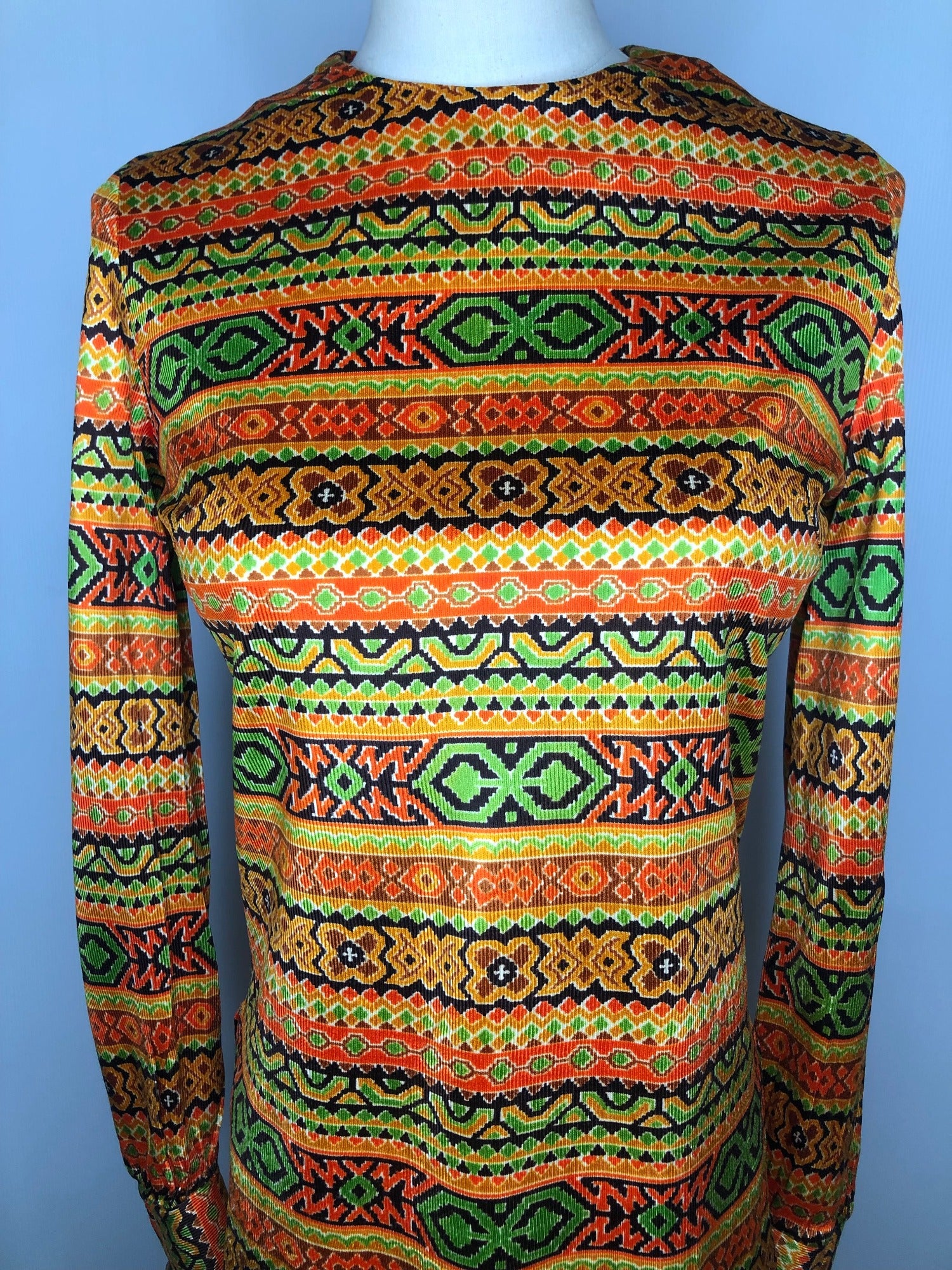 zip back  womens shirt  womens  vintage  Urban Village Vintage  urban village  tribal print  top  Sunny South  summer  side splits  Shirt  round neck  retro  patterned  multi  evening blouse  button cuffs  blouse  aztec  70s  70  1970s  10