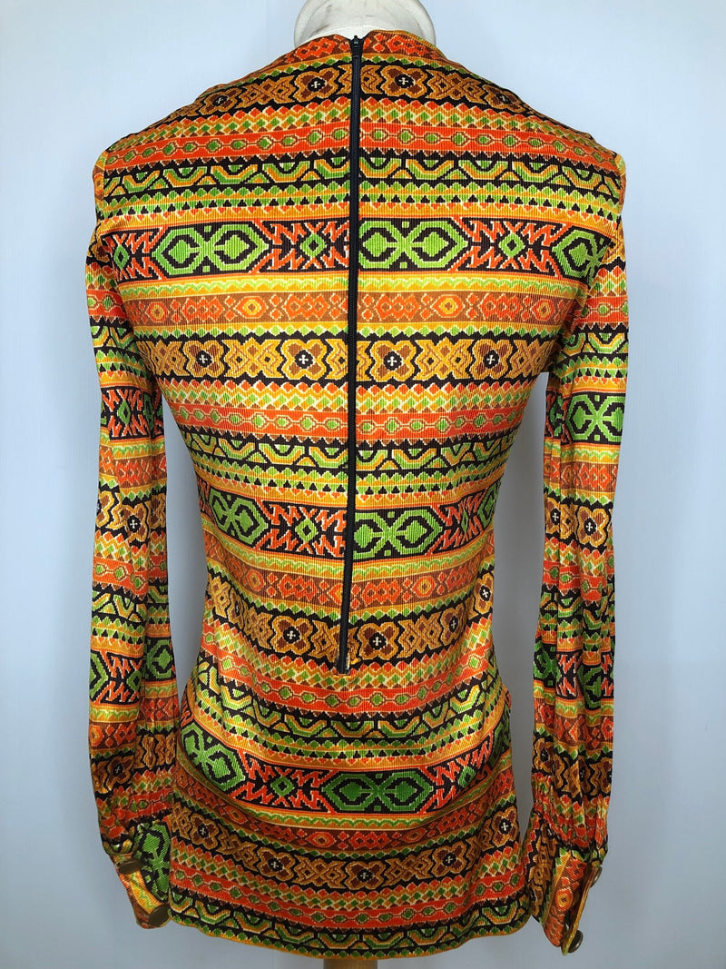 zip back  womens shirt  womens  vintage  Urban Village Vintage  urban village  tribal print  top  Sunny South  summer  side splits  Shirt  round neck  retro  patterned  multi  evening blouse  button cuffs  blouse  aztec  70s  70  1970s  10