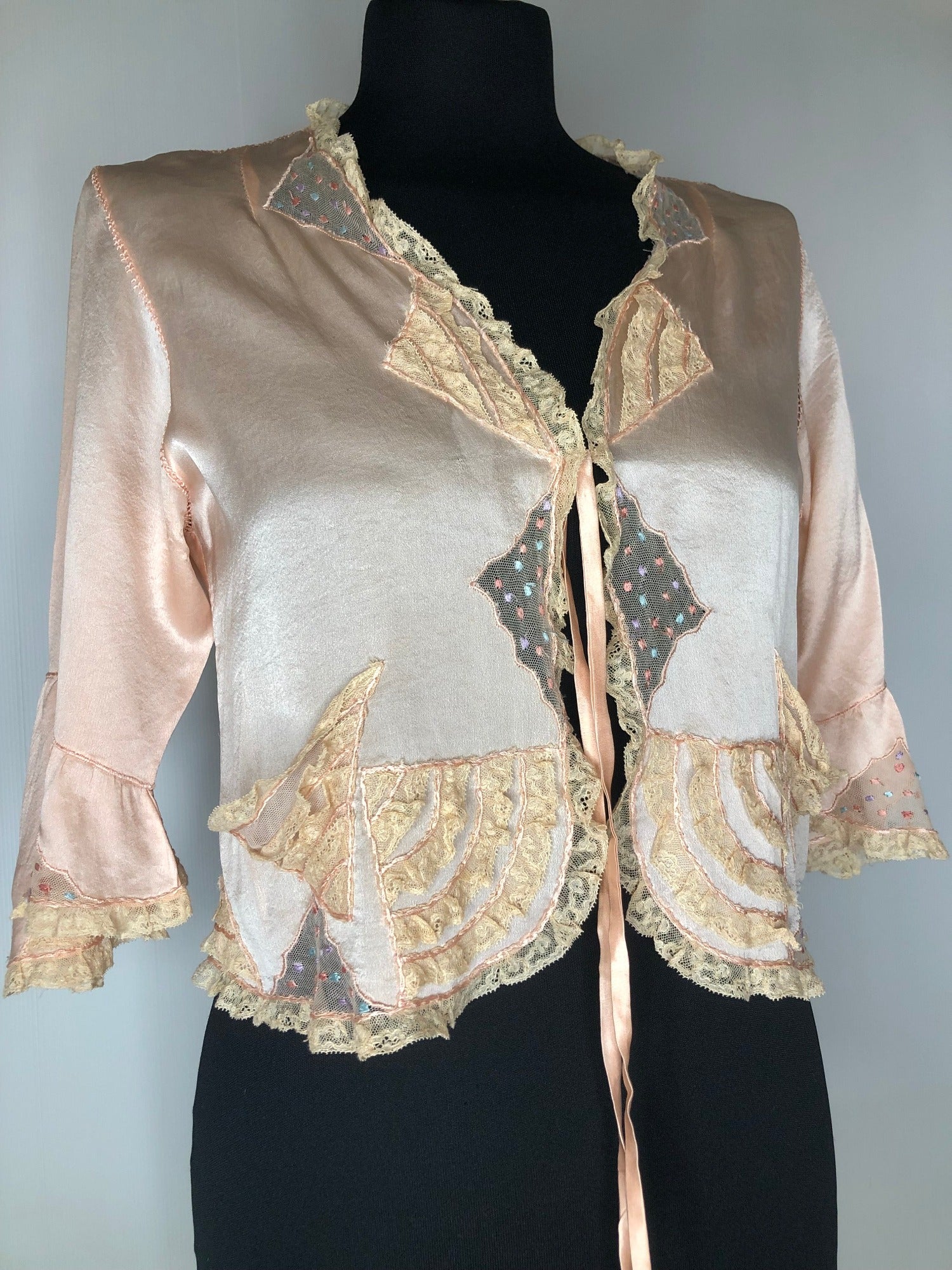 womens  white polka dot  vintage  Urban Village Vintage  urban village  top  silk  shrug  shirt  rockabilly  Polka Dot  pink  nightwear  negligee  mesh  lace trim  lace  Jacket  cropped  crop jacket  collar  bolero  10