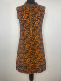 1960s Sleeveless Corduroy Orange/Brown Floral Mini Scooter Dress - UK 10