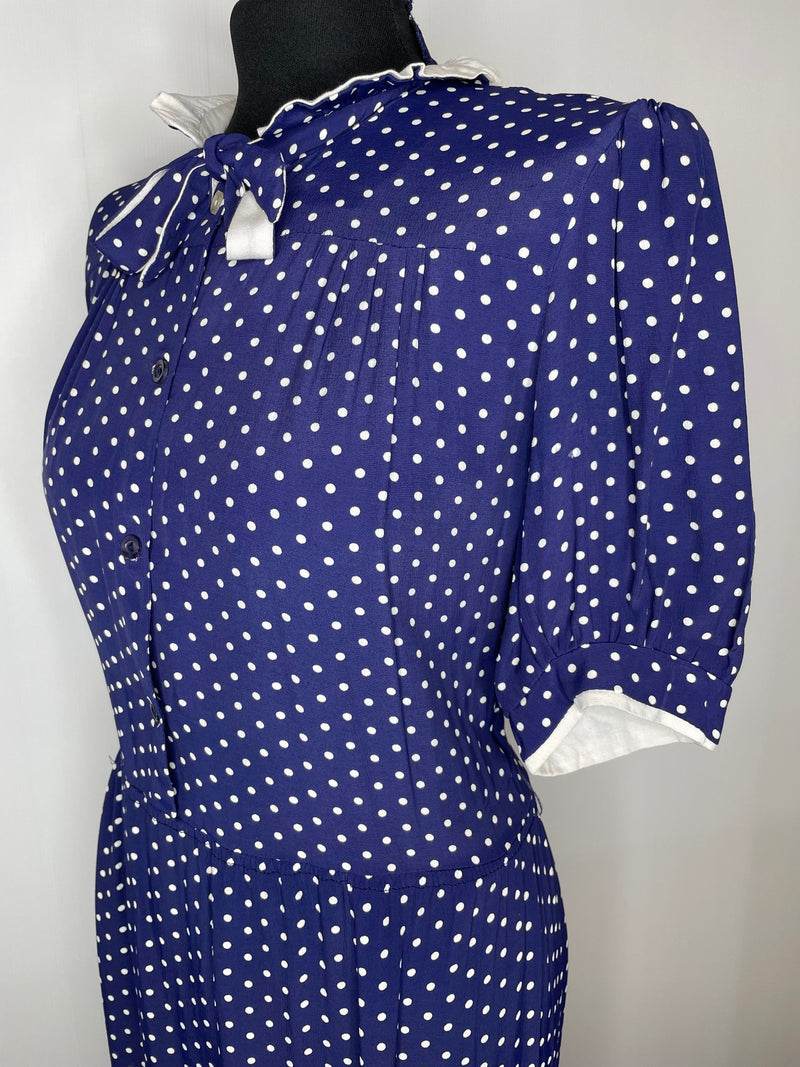 zip back  ww2  WW11  woodstock  womens  white polka dot  white  vintage  urban village  round collar  rockabilly  retro  pussy bow  princess diana  Polka Dot  pin up  neck tie  Navy  long length  long dress  long  bow tie collar  bow tie  Blue  70s  70  1970s  1950s  1940s  14