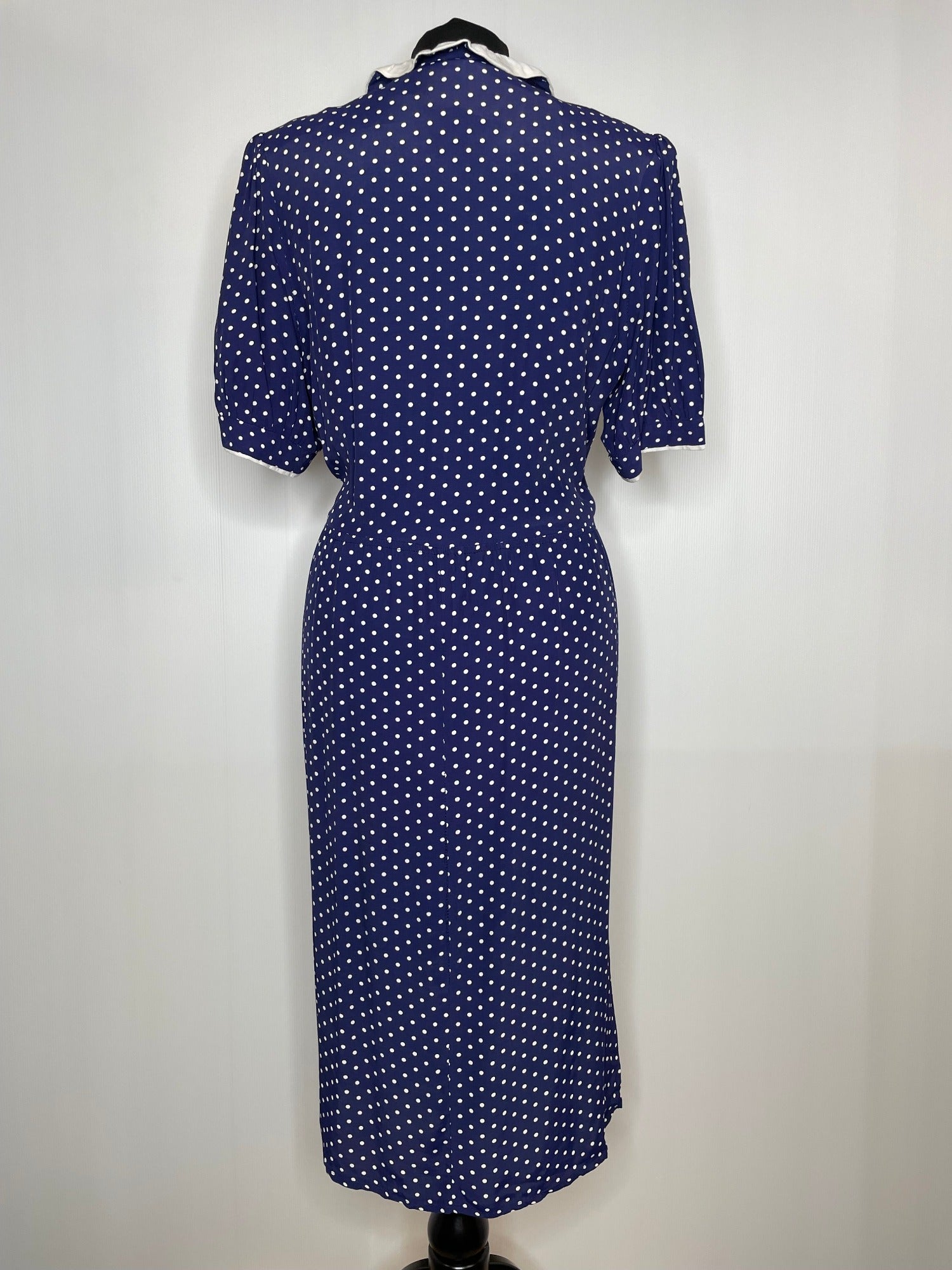 zip back  ww2  WW11  woodstock  womens  white polka dot  white  vintage  urban village  round collar  rockabilly  retro  pussy bow  princess diana  Polka Dot  pin up  neck tie  Navy  long length  long dress  long  bow tie collar  bow tie  Blue  70s  70  1970s  1950s  1940s  14