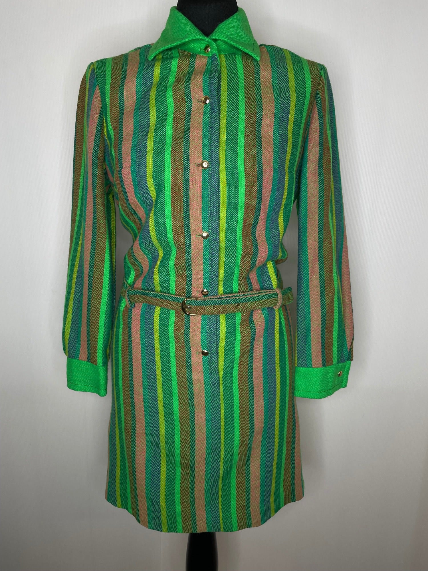 womens  waist belt  vintage  stripey  Stripes  striped  stripe  shirt collar  scooter dress  scooter  retro  red  Rainbow  pink  modette  MOD  midi  long sleeve  high neck  Herringbone  Green  dress  belted dress  70s  1970s  12