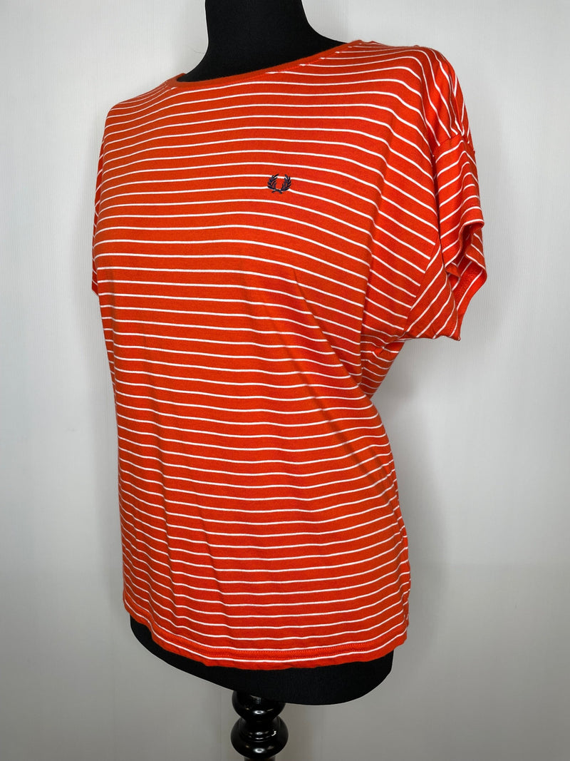 white  vintage  Urban Village Vintage  urban village  top  tee  t shirt  summer top  summer  stripey  Stripes  striped  stripe  short sleeved  short sleeve  retro  Red  MOD  Fred Perry  crew neck  Cotton  breton  14