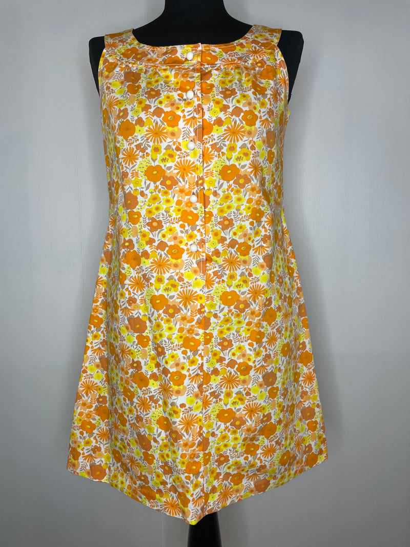 Yellow  womens  vintage  trapeze dress  trapeze  shift dress  shift  retro  psychedelic  orange  MOD  mini dress  mini  floral print  floral dress  floral  festival  dress  daisy print  daisy  A-Line  60s  1960s  10