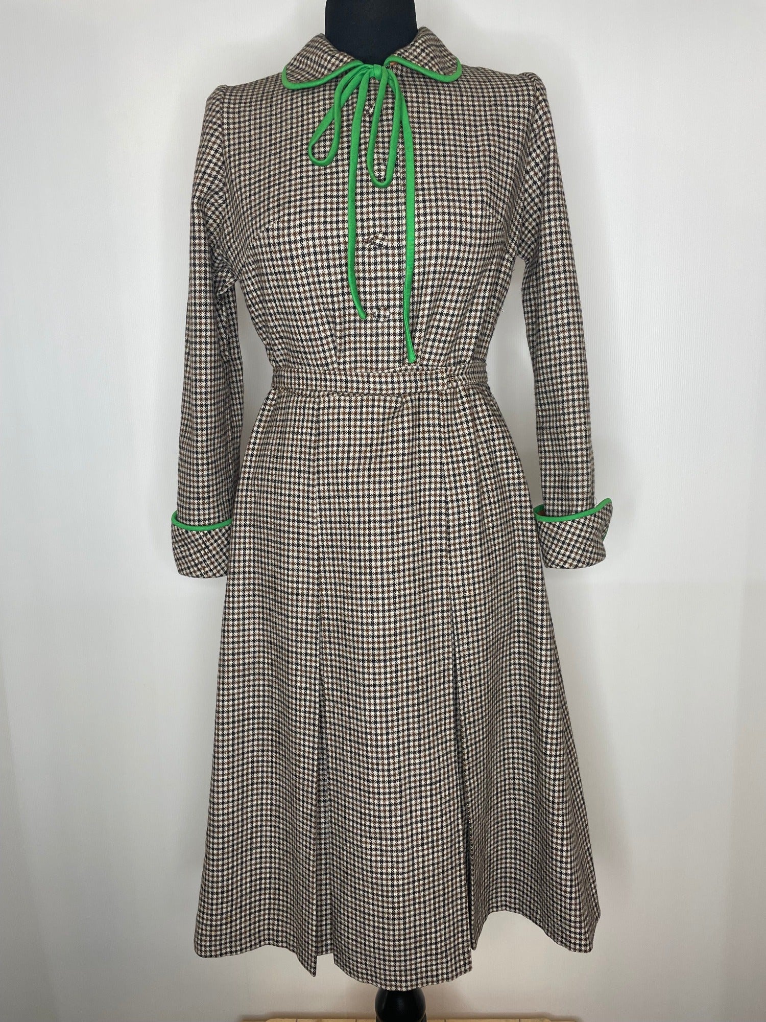 wool dress  wool  womens  vintage  Urban Village Vintage  urban village  secretary dress  secretary  scooter  round collar  retro  MOD  long sleeve  Green  dress  collared dress  collared  collar dress  collar  club check  brown  Aquascutum  8  70s  60s  6-8  6  1970s  1960s