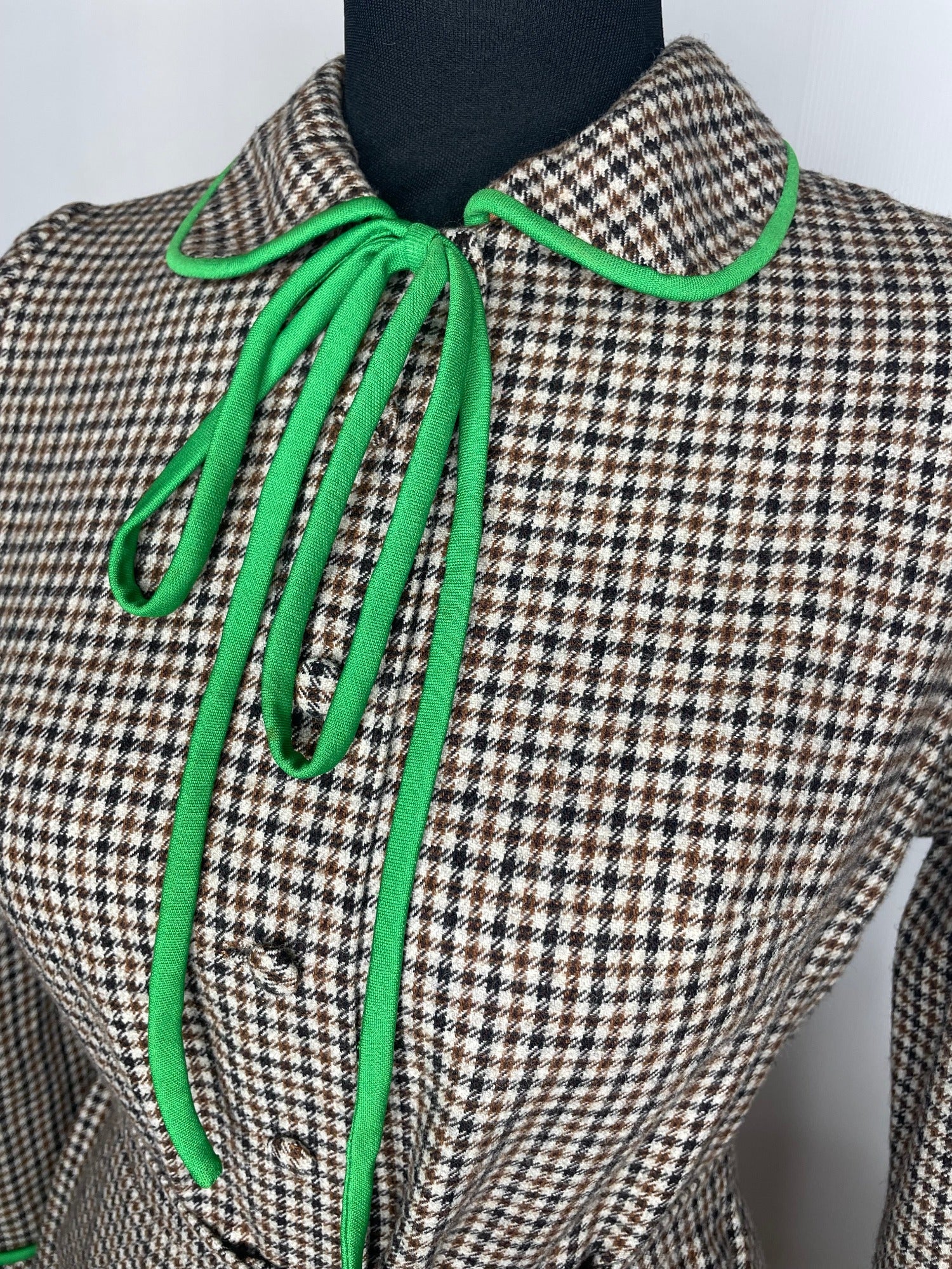 wool dress  wool  womens  vintage  Urban Village Vintage  urban village  secretary dress  secretary  scooter  round collar  retro  MOD  long sleeve  Green  dress  collared dress  collared  collar dress  collar  club check  brown  Aquascutum  8  70s  60s  6-8  6  1970s  1960s