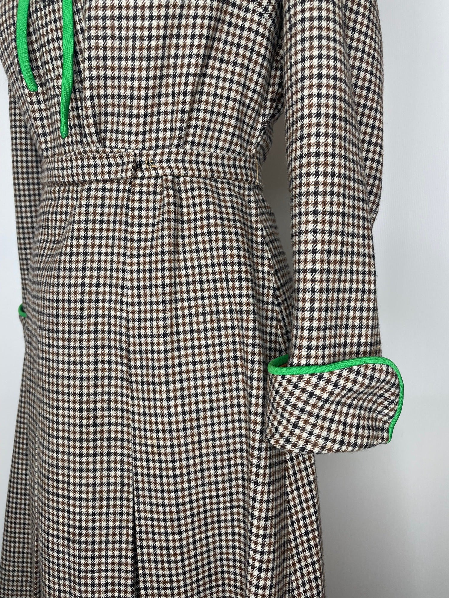 wool dress  wool  womens  vintage  Urban Village Vintage  urban village  secretary dress  secretary  scooter  round collar  retro  MOD  long sleeve  Green  dress  collared dress  collared  collar dress  collar  club check  brown  Aquascutum  8  70s  60s  6-8  6  1970s  1960s