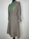 wool dress  wool  womens  vintage  Urban Village Vintage  urban village  secretary dress  secretary  scooter  round collar  retro  MOD  long sleeve  Green  dress  collared dress  collared  collar dress  collar  club check  brown  Aquascutum  8  70s  60s  6-8  6  1970s  1960s