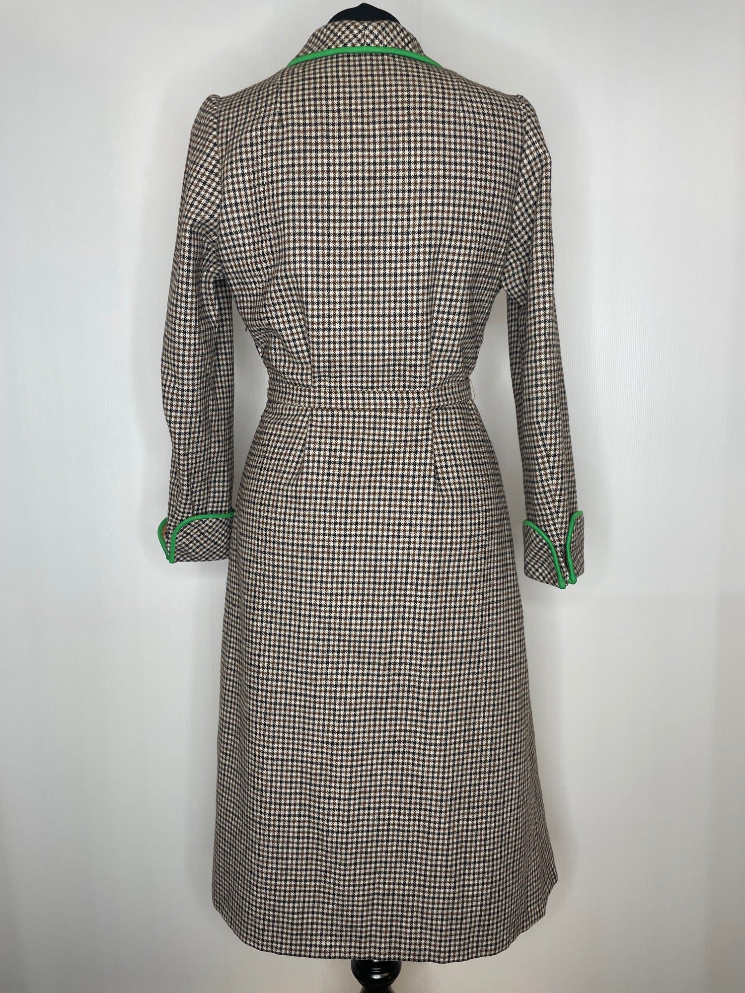 wool dress  wool  womens  vintage  Urban Village Vintage  urban village  secretary dress  secretary  scooter  round collar  retro  MOD  long sleeve  Green  dress  collared dress  collared  collar dress  collar  club check  brown  Aquascutum  8  70s  60s  6-8  6  1970s  1960s