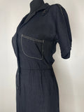 womens  vintage  Urban Village Vintage  short sleeve dress  safari style  safari dress  safari  moygashel  linen  dress  black  8  70s  1970s