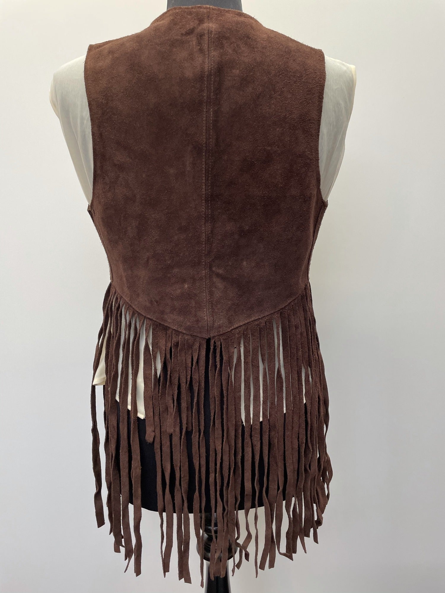 womens  vintage  Urban Village Vintage  urban village  Suede Jacket  suede fringing  Suede  stitch detailing  stitch detail  sleevless  retro  Jacket  fringing  fringed  fringe  dark brown  coat  brown stitch  brown  70s  6  1970s