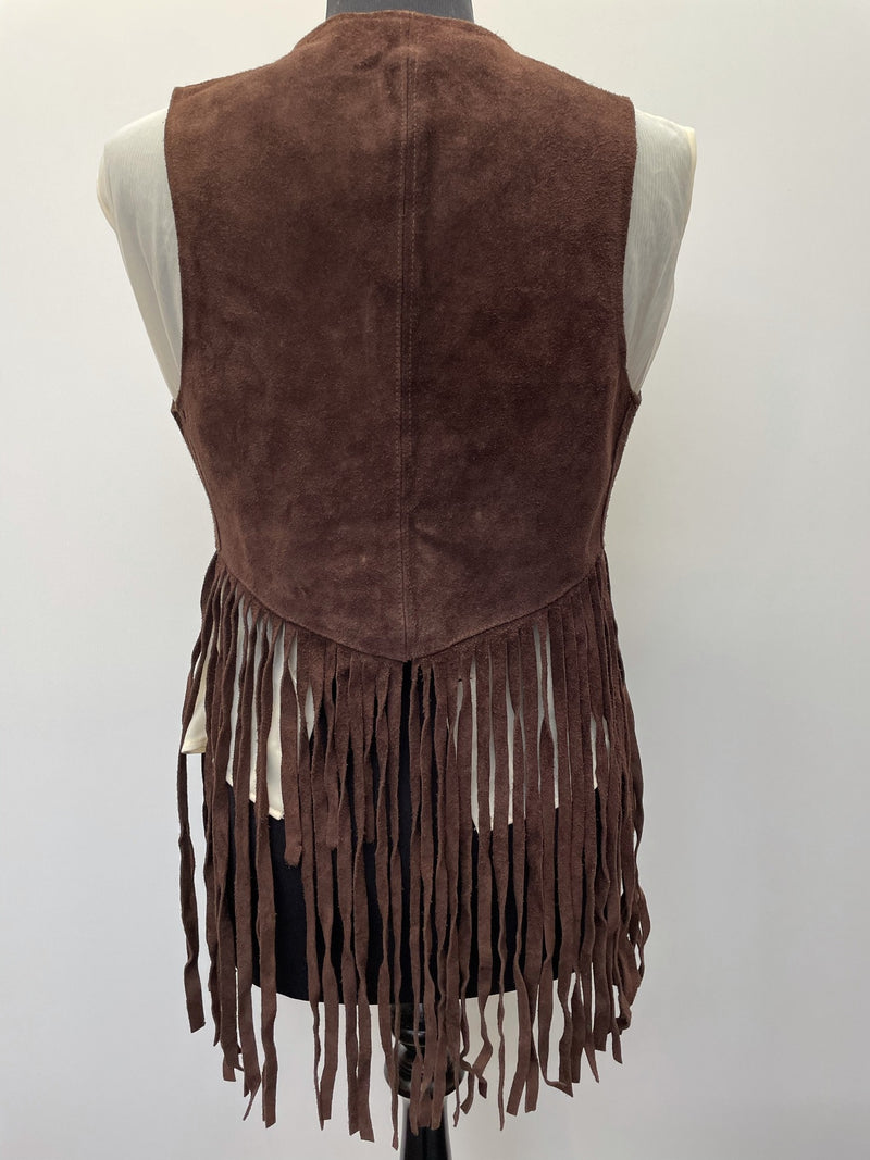 womens  vintage  Urban Village Vintage  urban village  Suede Jacket  suede fringing  Suede  stitch detailing  stitch detail  sleevless  retro  Jacket  fringing  fringed  fringe  dark brown  coat  brown stitch  brown  70s  6  1970s