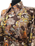 womens shirt  womens  vintage  Urban Village Vintage  urban village  Shirt  printed shirt  patterned  patterened  long sleeve  hippy  hippie  floral shirt  floral print  floral  dagger collar  collar  brown  blouse  big collar  70s  1970s  16