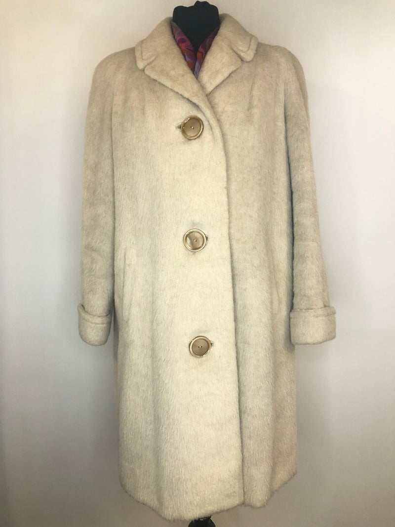 womens  winter coat  vintage  Urban Village Vintage  urban village  Rounded collar  Reville  purple  mohair  made in england  long sleeve  Jacket  cream  collar  coat  button down  button  big button  60s  1960s