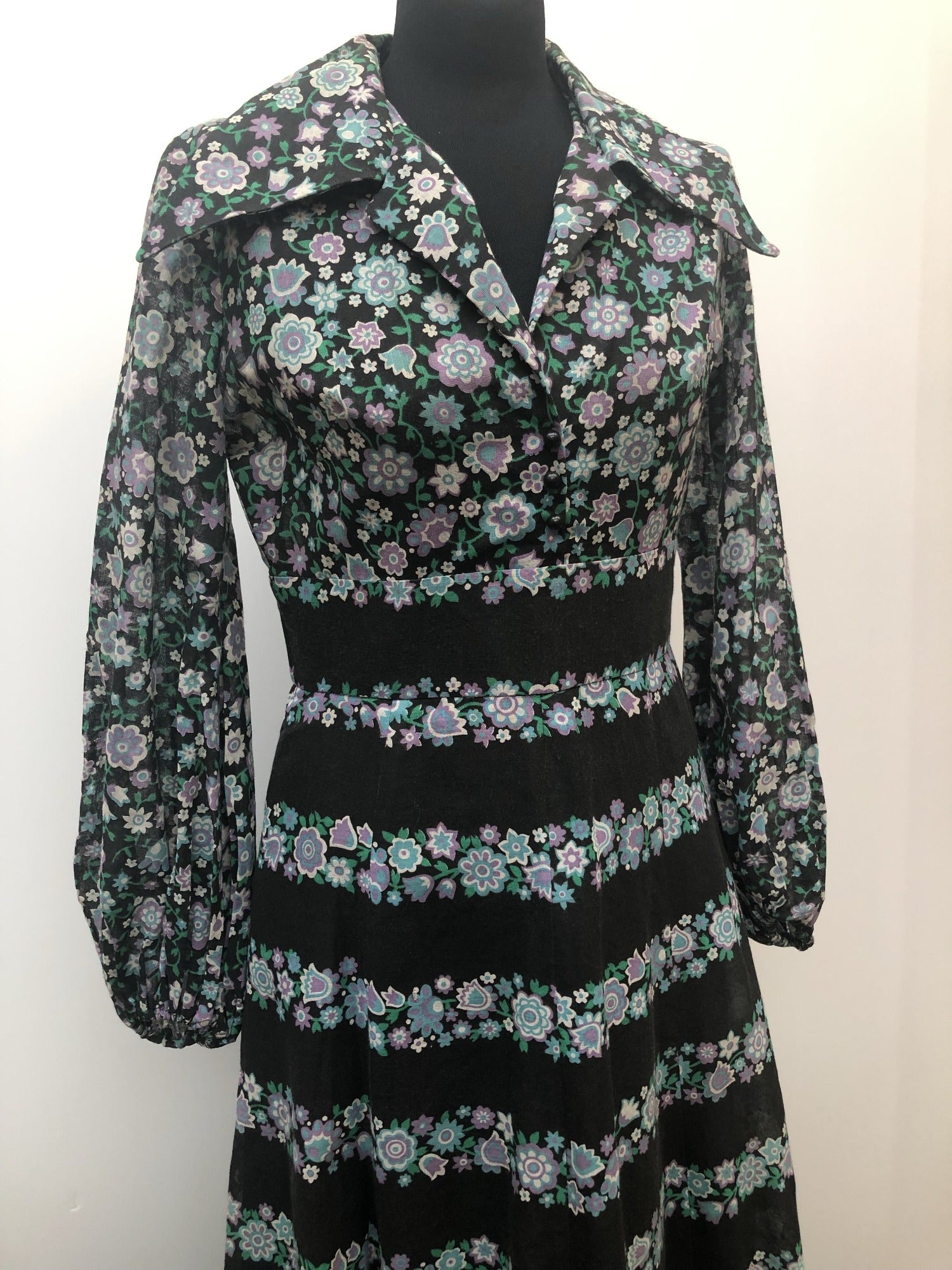 womens  vintage  Urban Village Vintage  patterned dress  patterned  multi  maxi dress  long dress  high neck  green  floral  dress  collar  blue  black  70s  70  1970s  12