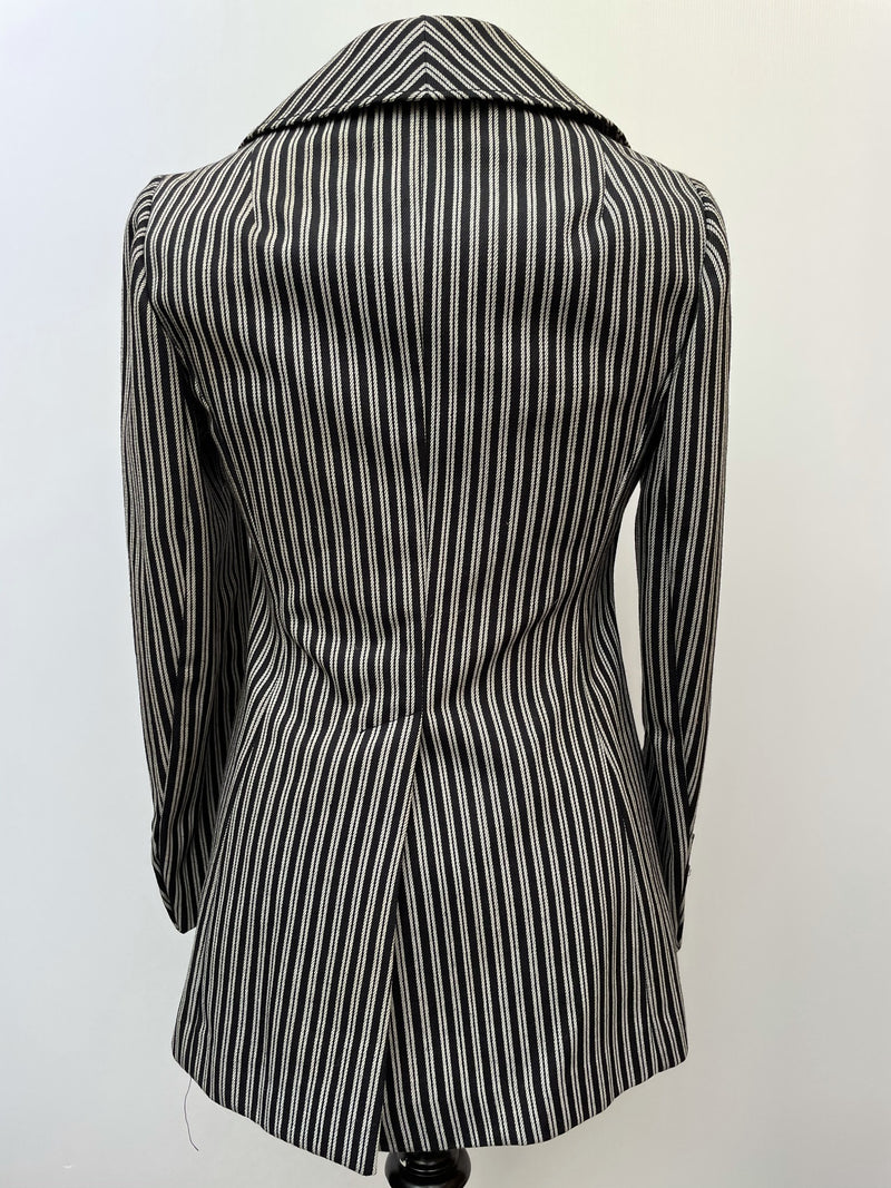 womens jacket  womens  white stripes  white line  white  vintage  Three Button  stripey  Stripes  striped  polyester  navy stripe  Navy  MOD  long sleeves  Long sleeved top  long sleeve  lapels  Jacket  dark blue  button down  button  boating jacket  blue  blazer jacket  Blazer  belted blazer  alexon youngest  70s  60s  6  3 button  1970s  1960s