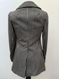 womens jacket  womens  white stripes  white line  white  vintage  Three Button  stripey  Stripes  striped  polyester  navy stripe  Navy  MOD  long sleeves  Long sleeved top  long sleeve  lapels  Jacket  dark blue  button down  button  boating jacket  blue  blazer jacket  Blazer  belted blazer  alexon youngest  70s  60s  6  3 button  1970s  1960s