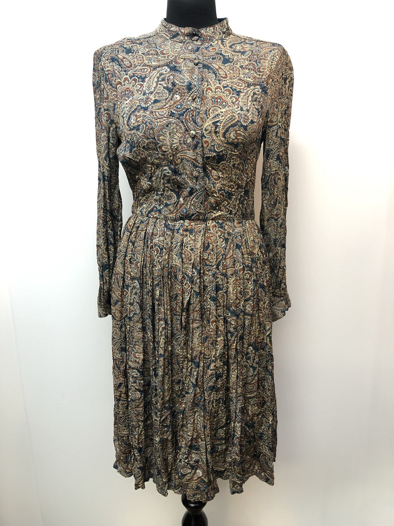 womens  vintage  Urban Village Vintage  pleated skirt  Paisley Print  paisley  long sleeve  Kati at Laura Phillips  Green  dress  brown  70s  1970s