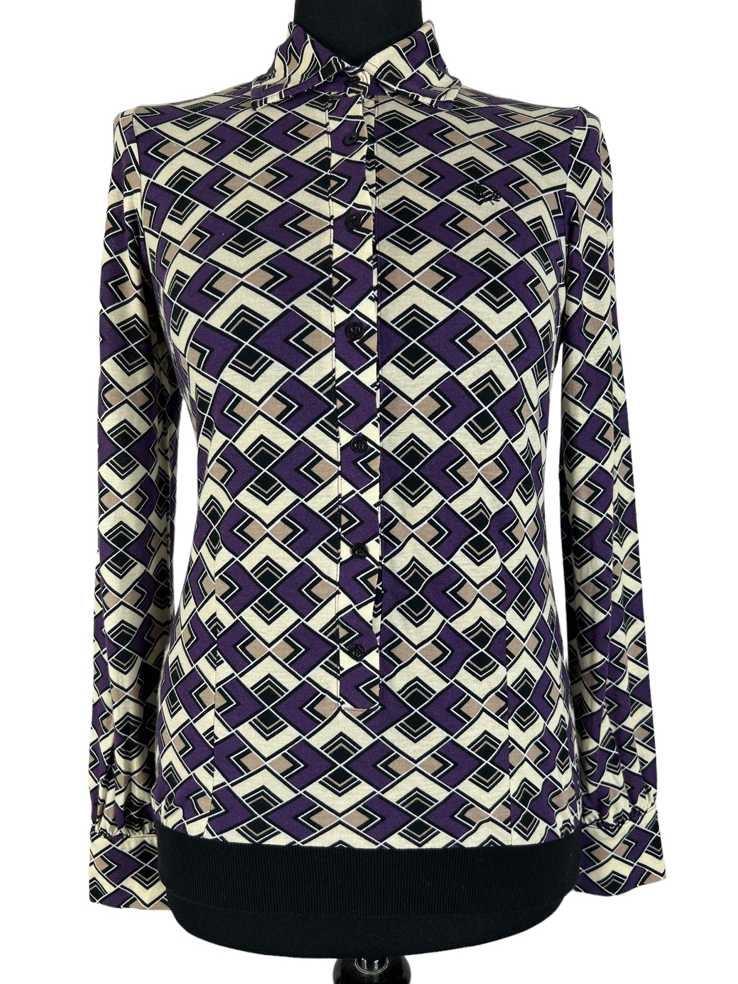 womens  Urban Village Vintage  top  T-Shirt  purple  print blouse  modette  MOD  Fred Perry  embroidered logo  diamond print  collared  collar  blouse  beige  12