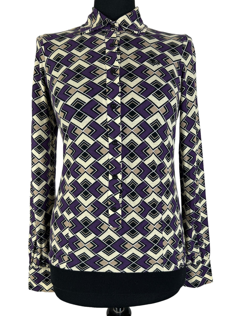 womens  Urban Village Vintage  top  T-Shirt  purple  print blouse  modette  MOD  Fred Perry  embroidered logo  diamond print  collared  collar  blouse  beige  12