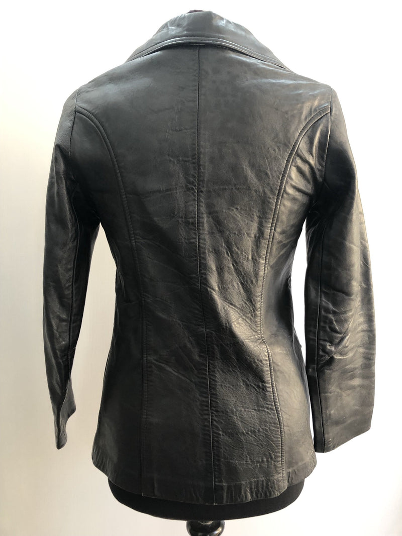 womens jacket  womens coat  womens  vintage  Urban Village Vintage  urban village  soft leather  pockets  pleat back  Leather Jacket  Leather  Jacket  button  Black Leather  Black Jacket  belt  8  70s  70  1970s