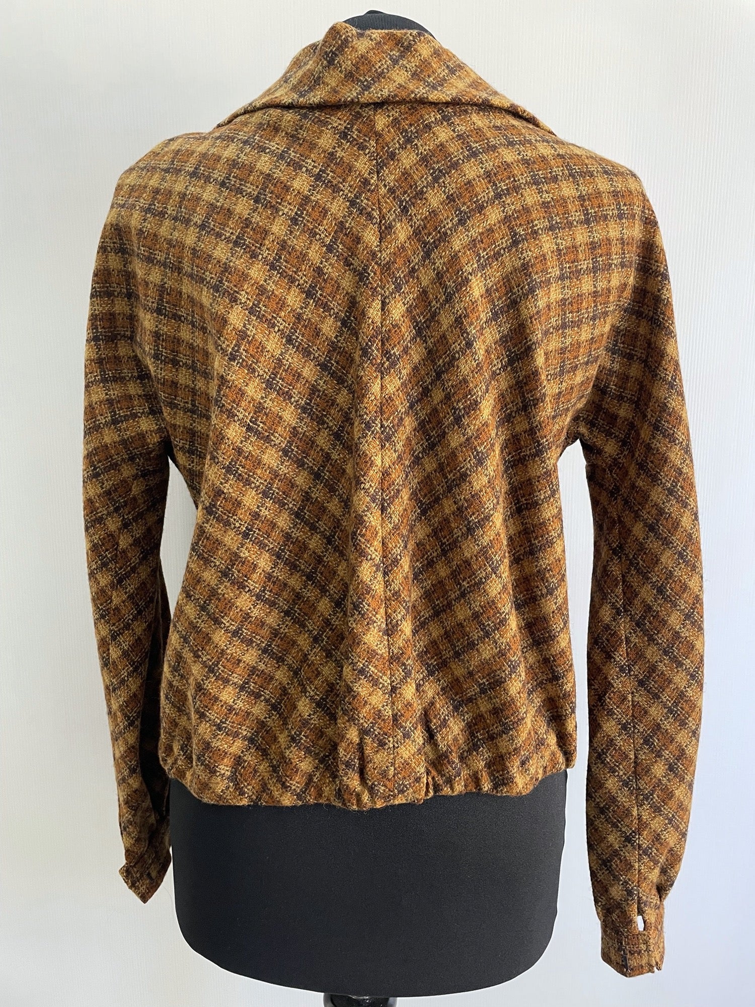 womens  vintage  Urban Village Vintage  urban village  long sleeve  lightweight jacket  lightweight  cropped  crop jacket  collared  collar  checkered  checked  check jacket  check  cardigan  brown  big collar  50s style  50s  50  1950s  14