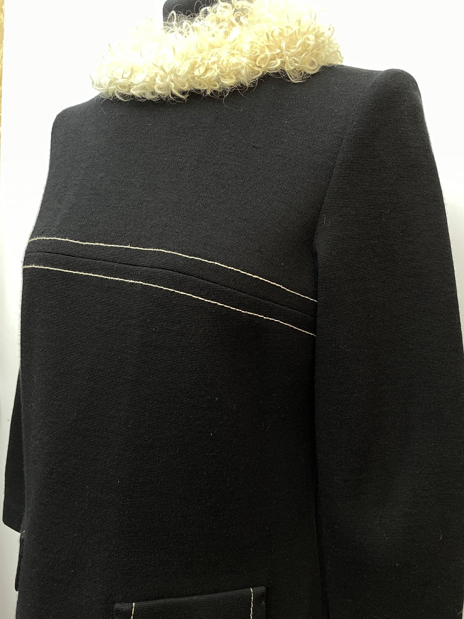 zip  womens  vintage  Urban Village Vintage  urban village  stitch detailing  retro  MOD  long sleeve  jumper  faux fur  faux collar  faux  Embroidered  dress  black  back zip  70s  60s  1970s  1960s  14