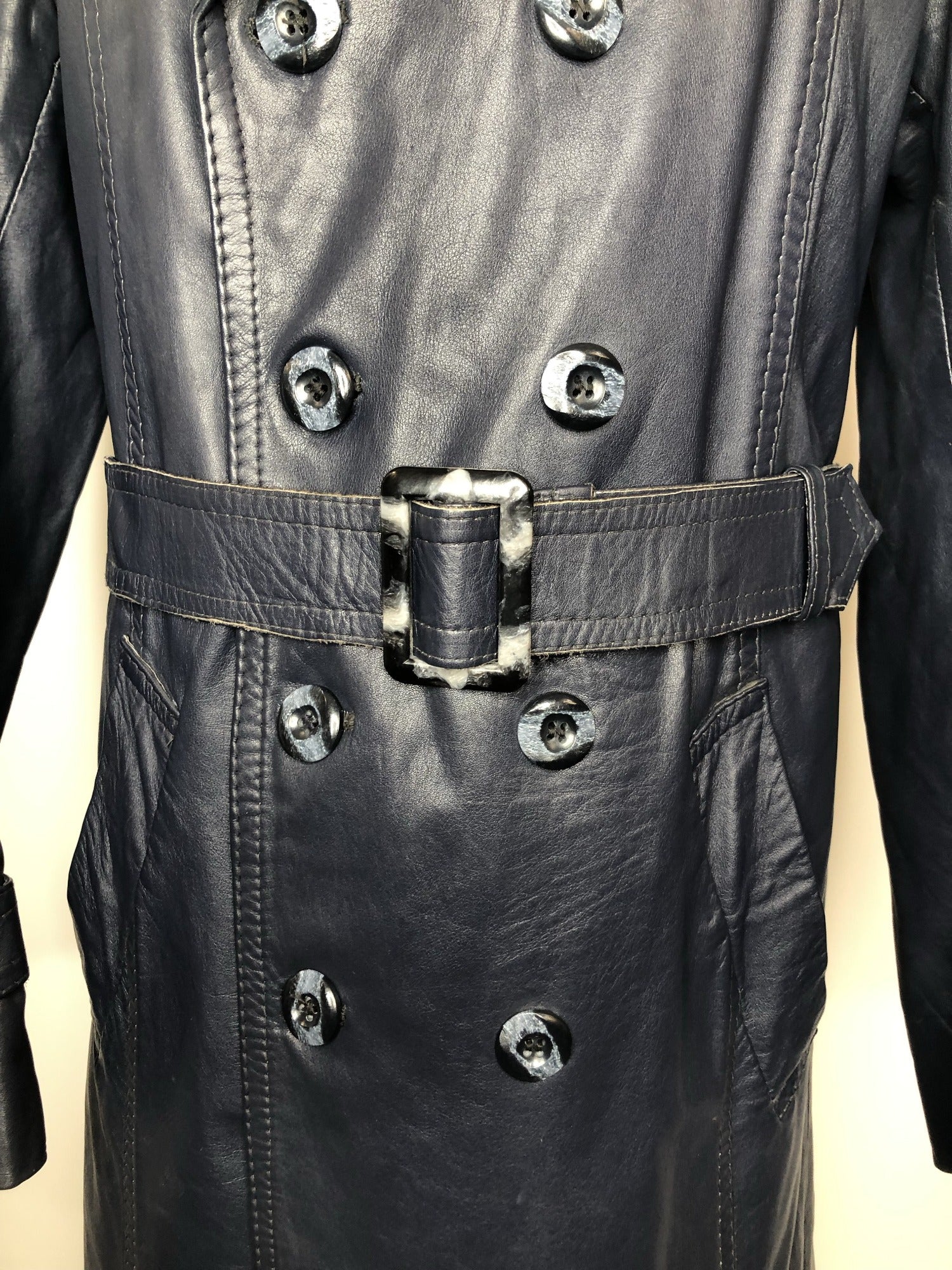 Windsor Leatherwear  waist belt  vintage  Urban Village Vintage  pockets  mens  M  long sleeve  Leather Jacket  Leather Coat  Leather  Jacket  blue  70s  1970s