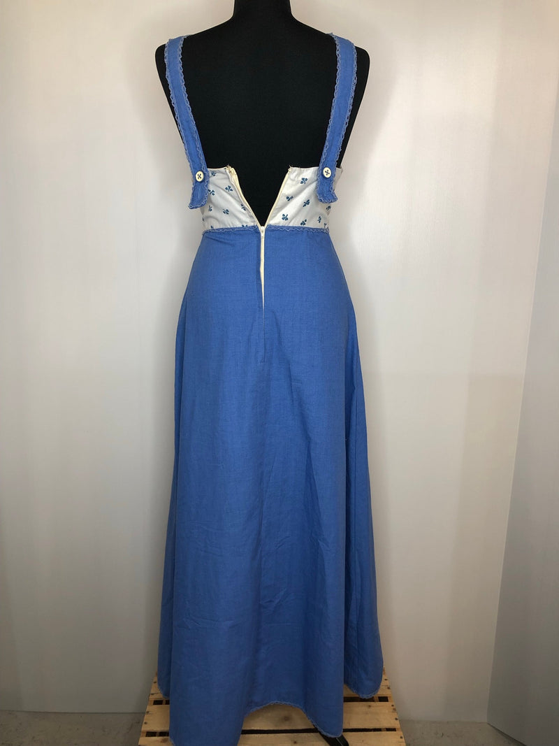 womens  vintage  Urban Village Vintage  tie back belt  retro  print dress  print  maxi  dress  crochet detail  boho  blue  70s  70  6  1970s