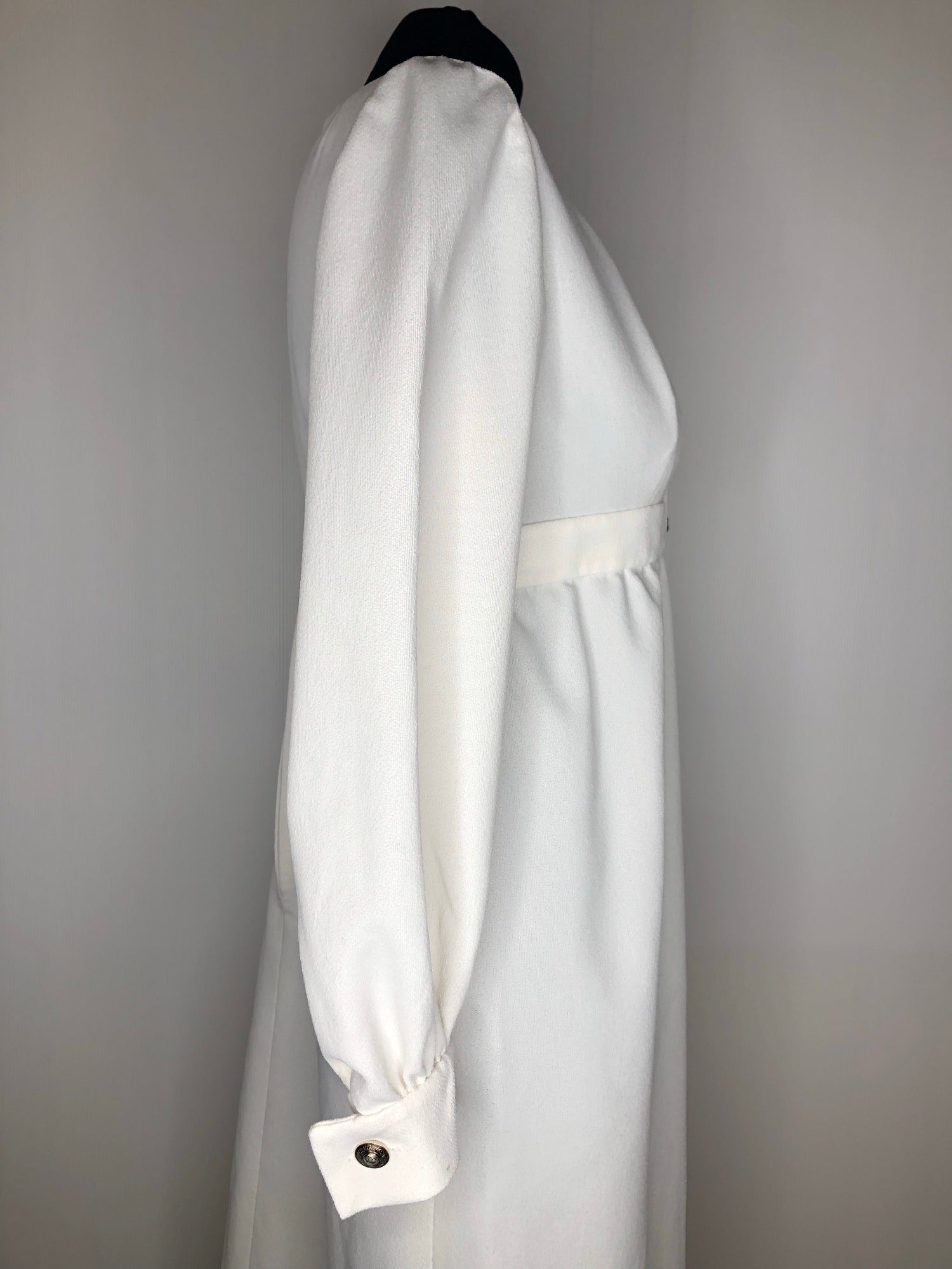 womens  white  vintage  Urban Village Vintage  urban village  shine  MOD  maxi dress  maxi  long sleeves  long sleeved  long sleeve  high neck  full skirt  evening dress  evening  dress  crew neck  button front  8  70s