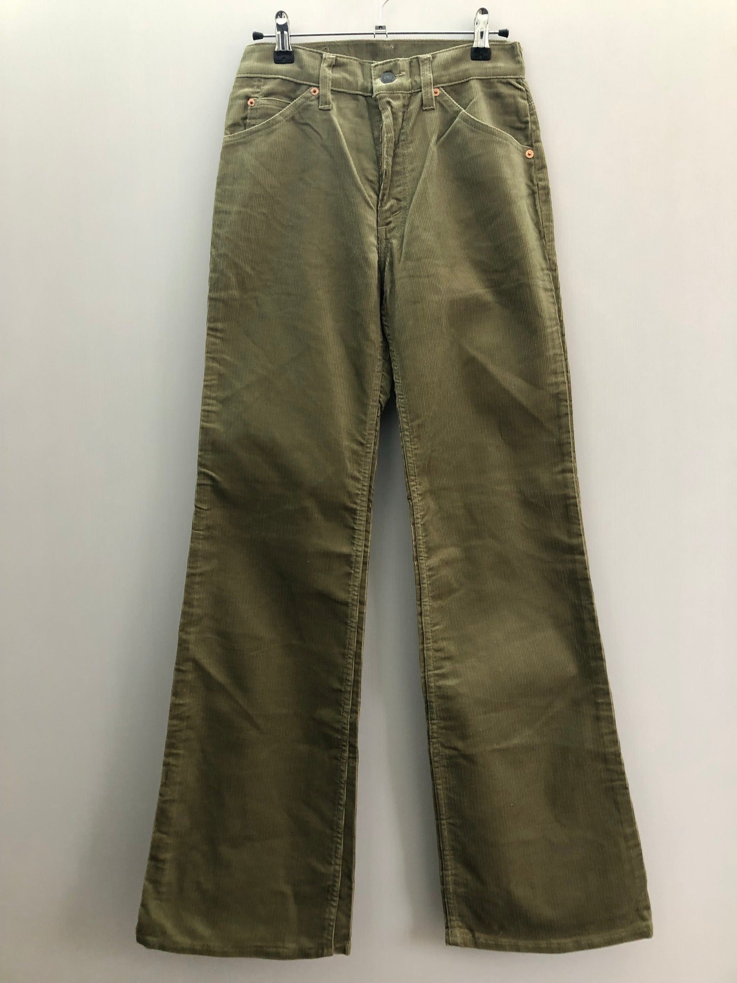white tab  W26  vintage  Urban Village Vintage  urban village  petite  mens  logo  levis strauss  levis  levi strauss  levi  L34  khaki  green  flares  corduroy  cords  corded  cord