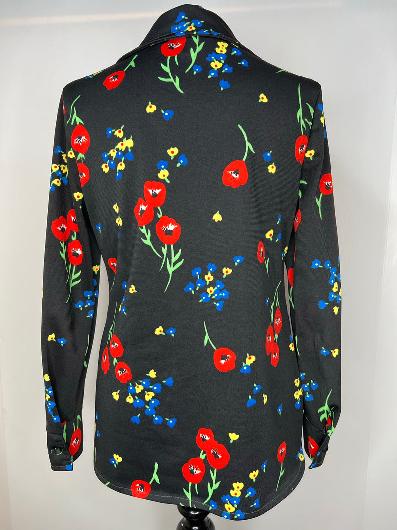 womens  vintage  top  print blouse  Keynote  floral print  dagger collar  blouse  black  70s  1970s  14