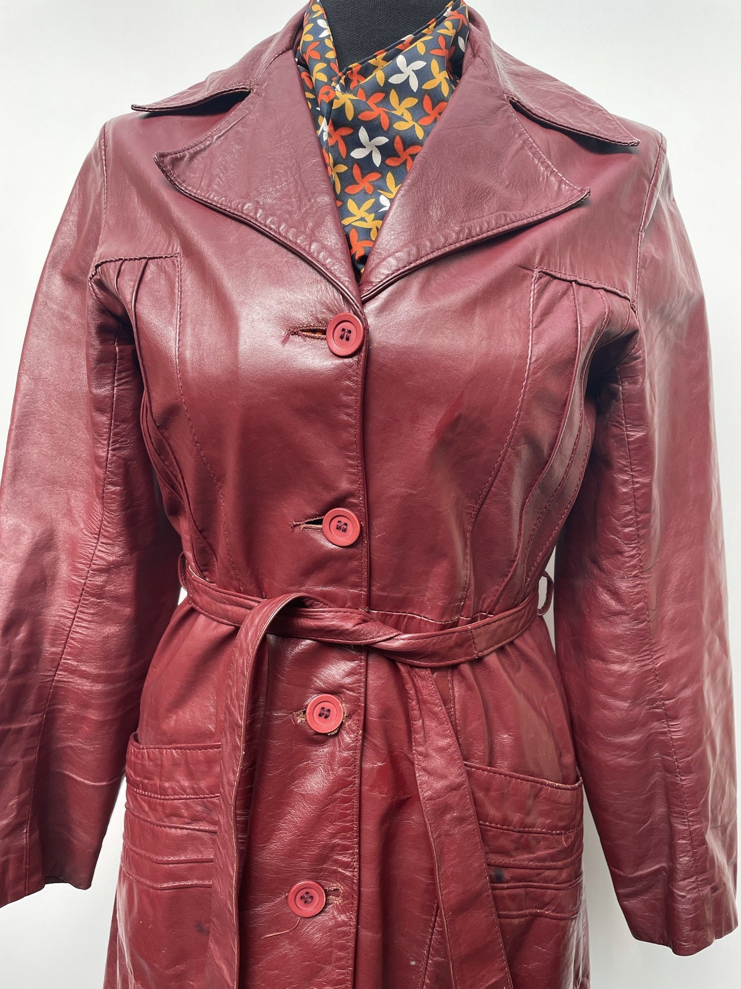 womens  vintage  Urban Village Vintage  urban village  retro  pockets  long sleeve  Leather Jacket  Leather detailing  Leather Coat  Leather  lapels  Jacket  button down  burgundy  belted jacket  belted  70s  1970s  10