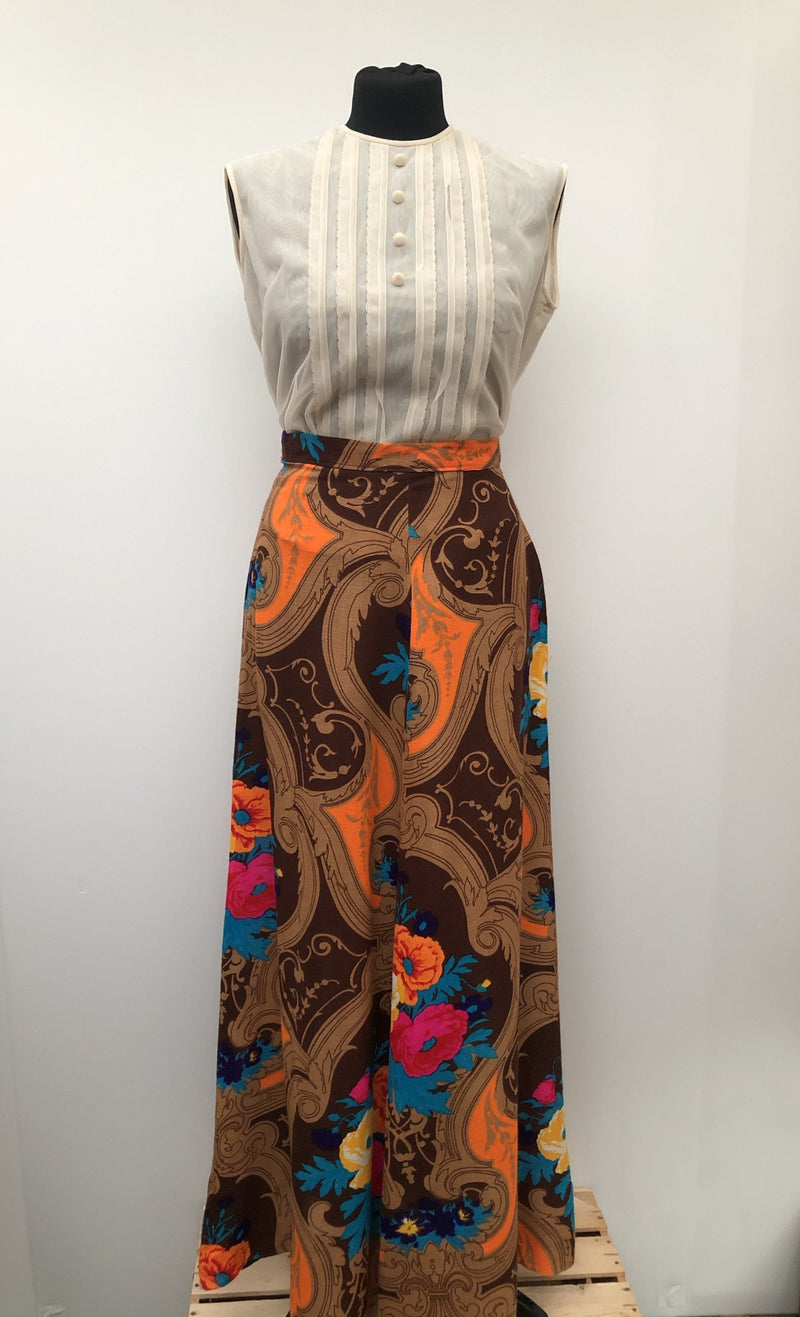 womens  vintage  Urban Village Vintage  urban village  swing skirt  Skirts  skirt  multi  maxi skirt  maxi  long length  Kati London  floral print  brown  8  70s