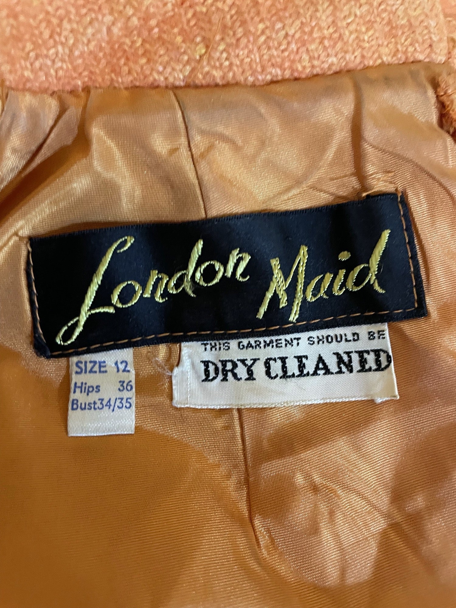 zip back  zip  wool  womens  vintage  Urban Village Vintage  urban village  thick  summer dress  summer  sleeveless  shift dress  pure wool  orange  neck detailing  MOD  midi dress  London Maid  dresses  dress  back zip  60s  1960s  100% Wool  10