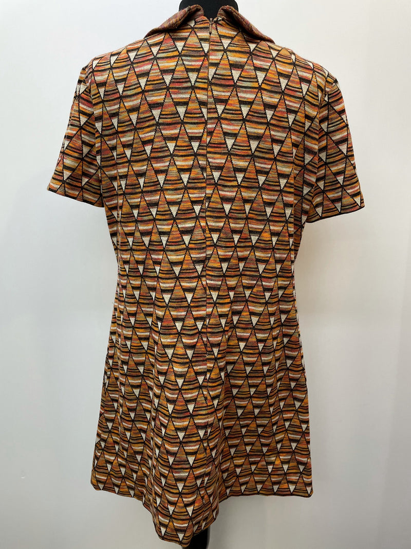 womens shirt  womens  vintage  Urban Village Vintage  urban village  triangle  shirt dress  retro  patterned  patterened  midi dress  geometric  embroidered pattern  Embroidered  dress  diamond pattern  diamond  collar dress  collar  brown  big collar  back zip  70s  70  1970s