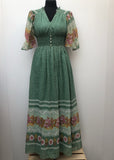 womens  vintage  Urban Village Vintage  summer dress  ruched waist  polka dot  maxi dress  long dress  lace print  hippy  hippie  Green  floral print  floral dress  floral  dress  button front  boho  bohemian  angel sleeve  8  70s  1970s