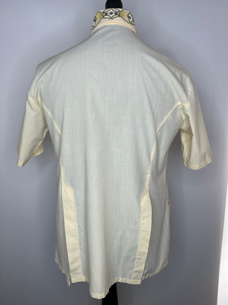 white  vintage  Urban Village Vintage  urban village  top  shirt  mens  L  cuban  cream  collar  butterfly print  butterfly  70s  70  50s style  1970s
