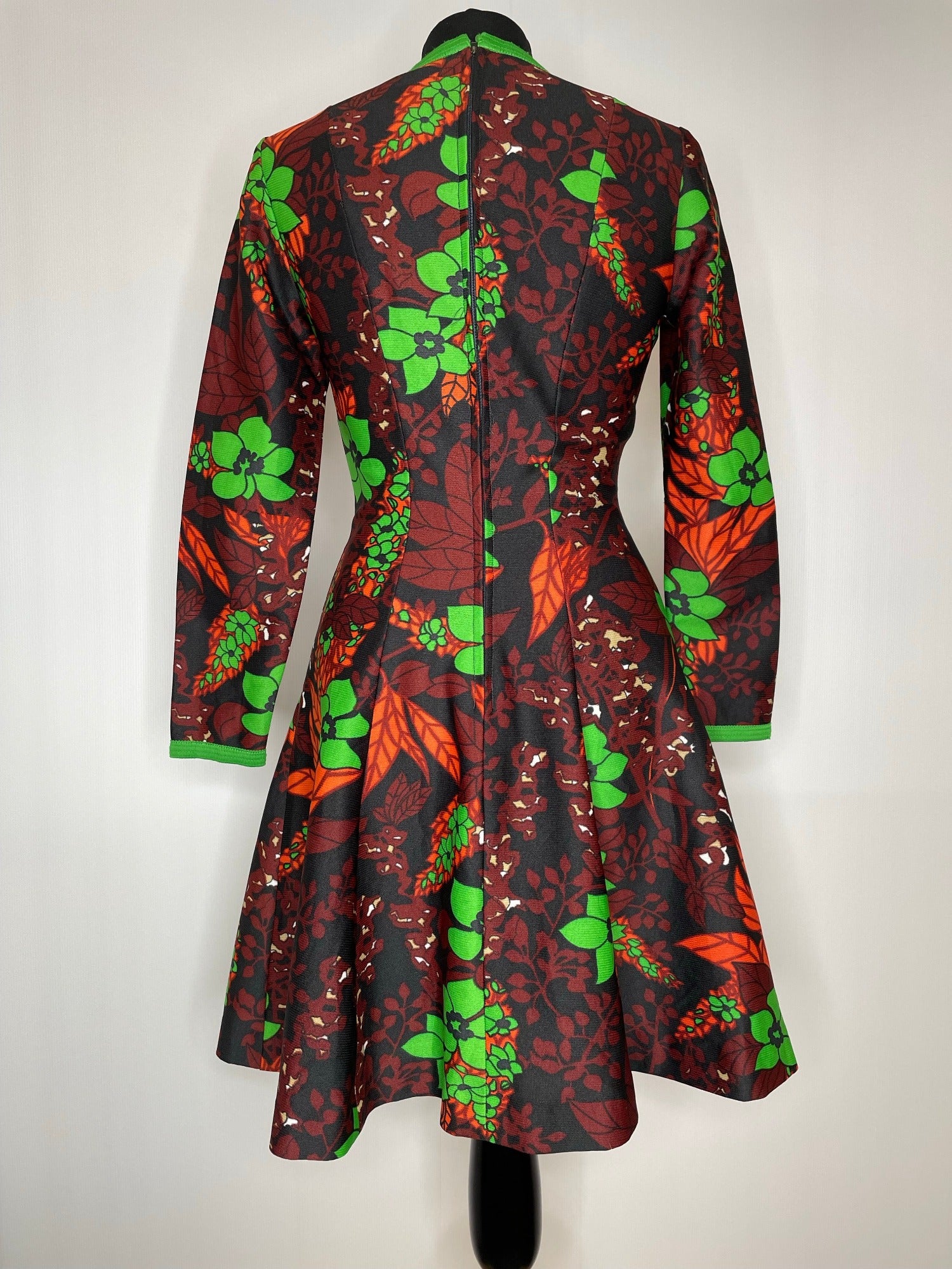 zip back  womens  vintage  Urban Village Vintage  short dress  scooter dress  scooter  psychedelic  psych  modette  MOD  mini dress  micro mini  long sleeved  long sleeve  flower power  floral  fit flare  dress  dolly dress  dolly  daisy  brown  a line  8  60s  6-8  6  1960s